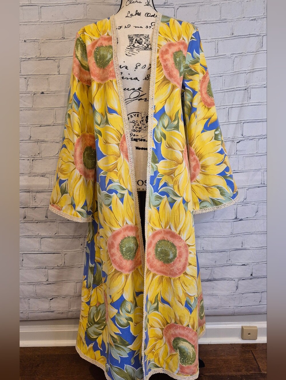 Sunflower Print Kimono Duster - Yellow Floral Lounge Wrap